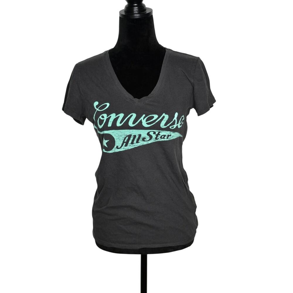 Converse All Star Womens L Gray V Neck Graphic T Shirt Aqua Logo Casual Tee